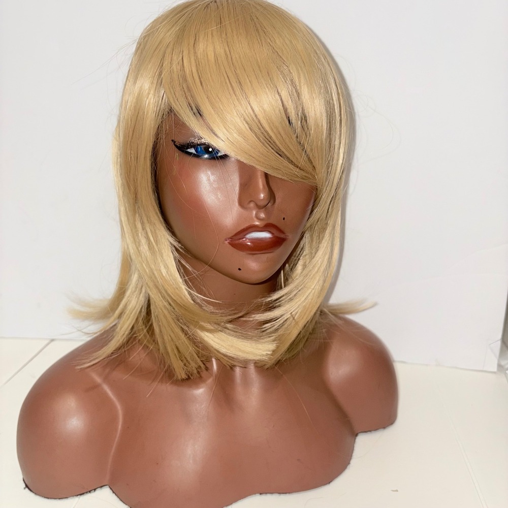 Blonde Shoulder Length Layered Bob Wig with Curtain Bangs Synthetic Hair